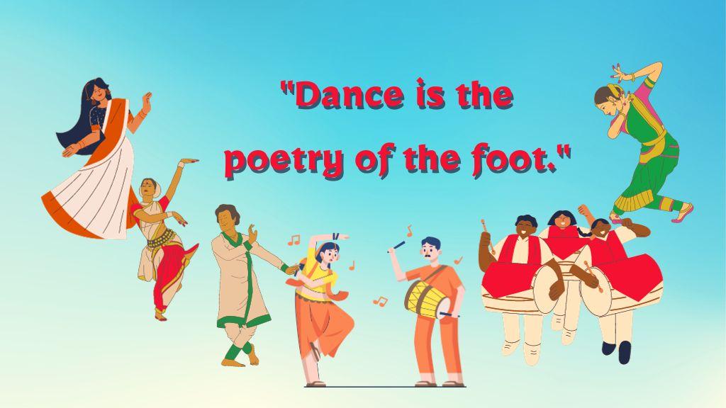 In this image there are many dancers and has quote "Dance is the poetry of the foot" for dance captions for Instagram