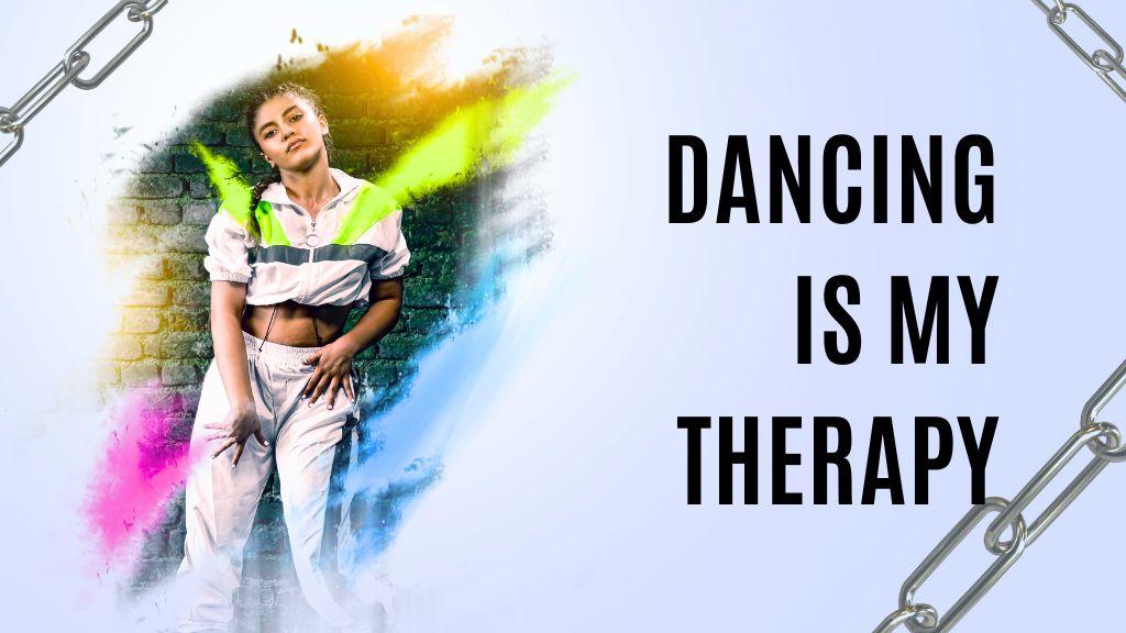 In this image girl giving dancing pose and has a quote "Dancing is my Therapy" for short dance captions for Instagram